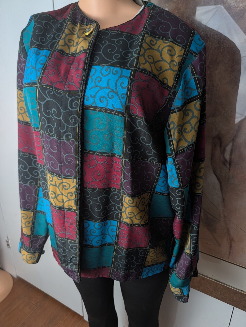 Vintage Jordan Woman Long-Sleeve Button-Up Patchwork Blouse Size L.